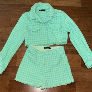 Zara Yellow and Blue Houndstooth Cropped Jacket and Shorts